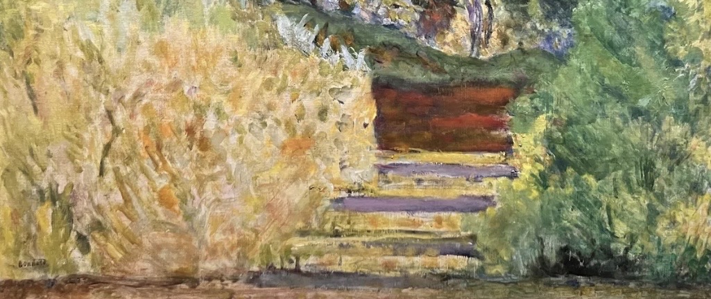 Garden steps climbing away in warm, muted greens and ochres