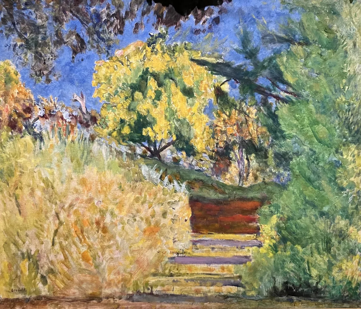 Garden steps climbing away in warm, muted greens and ochres